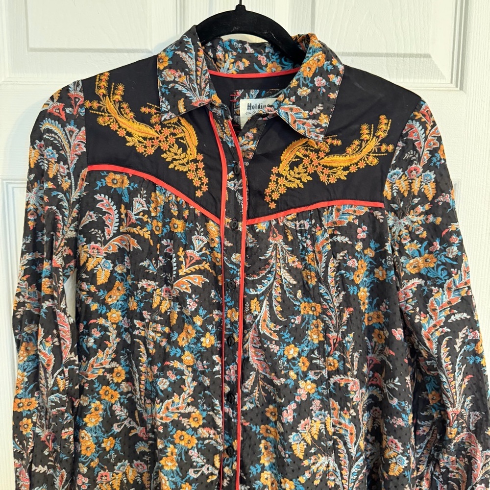 Holding Horses Anthropologie Floral Shirt Dress | Size 2 | Western Embroidered - Picture 3 of 7
